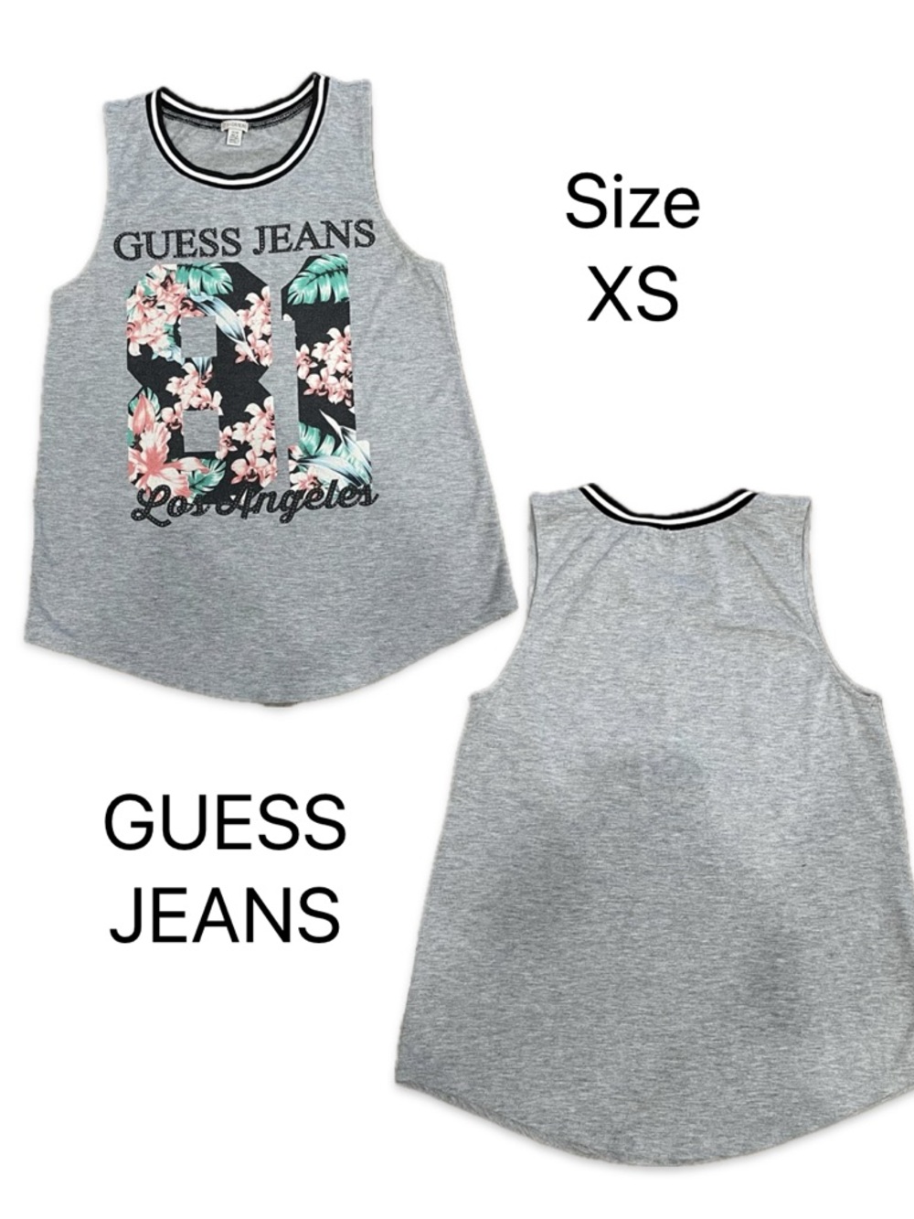 Guess Jeans Tank Top Grey Floral Rhinestone Logo XS